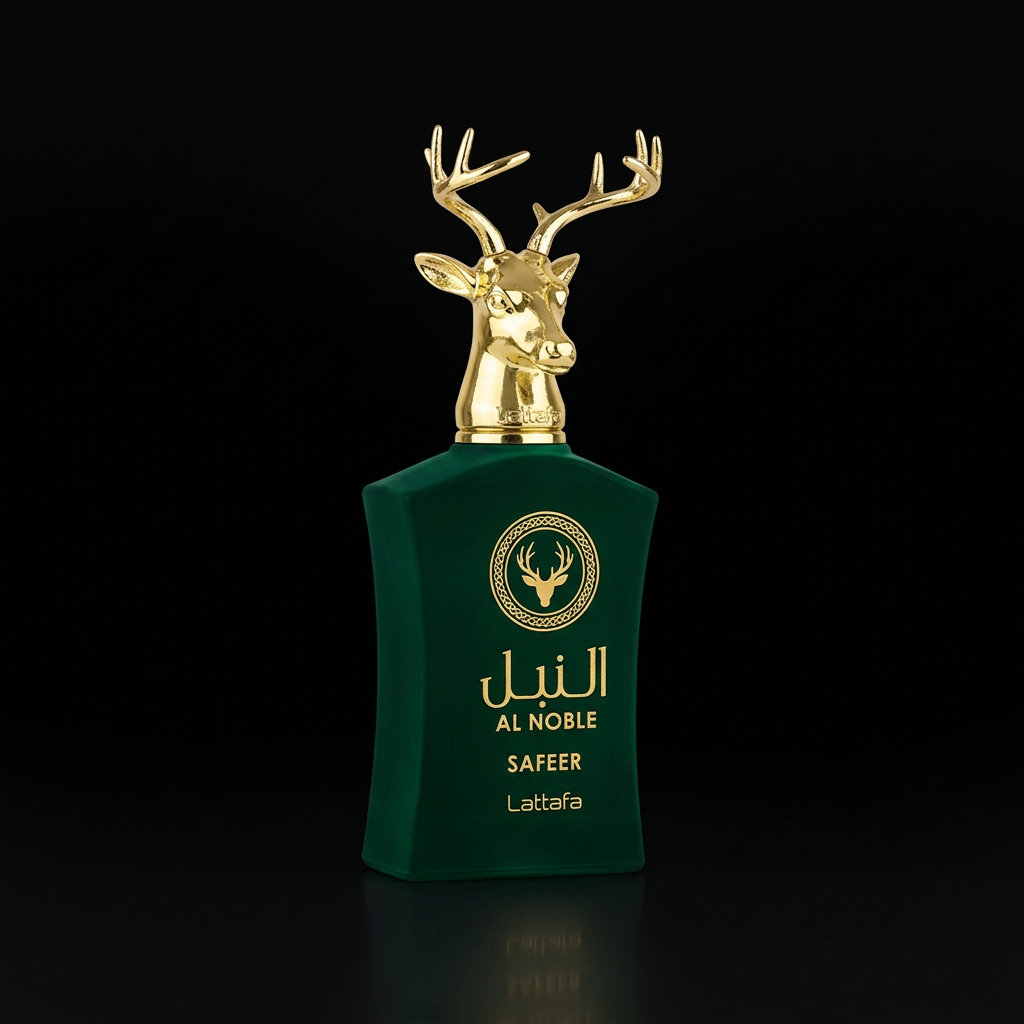 Al Noble Safeer – Lattafa, frasco verde oscuro con tapa ciervo dorado sobre fondo negro mate